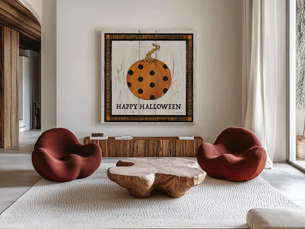 Happy Halloween Pumpkin by Avery Tillmon. Shown as extra-large giant wall art in a modern living room. Available as an archival giclee rolled canvas, fine art paper, or poster print. SKU 57886a.