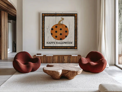 Happy Halloween Pumpkin by Avery Tillmon. Shown as extra-large giant wall art in a modern living room. Available as an archival giclee rolled canvas, fine art paper, or poster print. SKU 57886a.