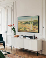 Harvest White by Avery Tillmon. shown as a framed stretched canvas in a living room above a console. Available as a archival giclee rolled canvas, fine art paper, or poster print. SKU 49640i.