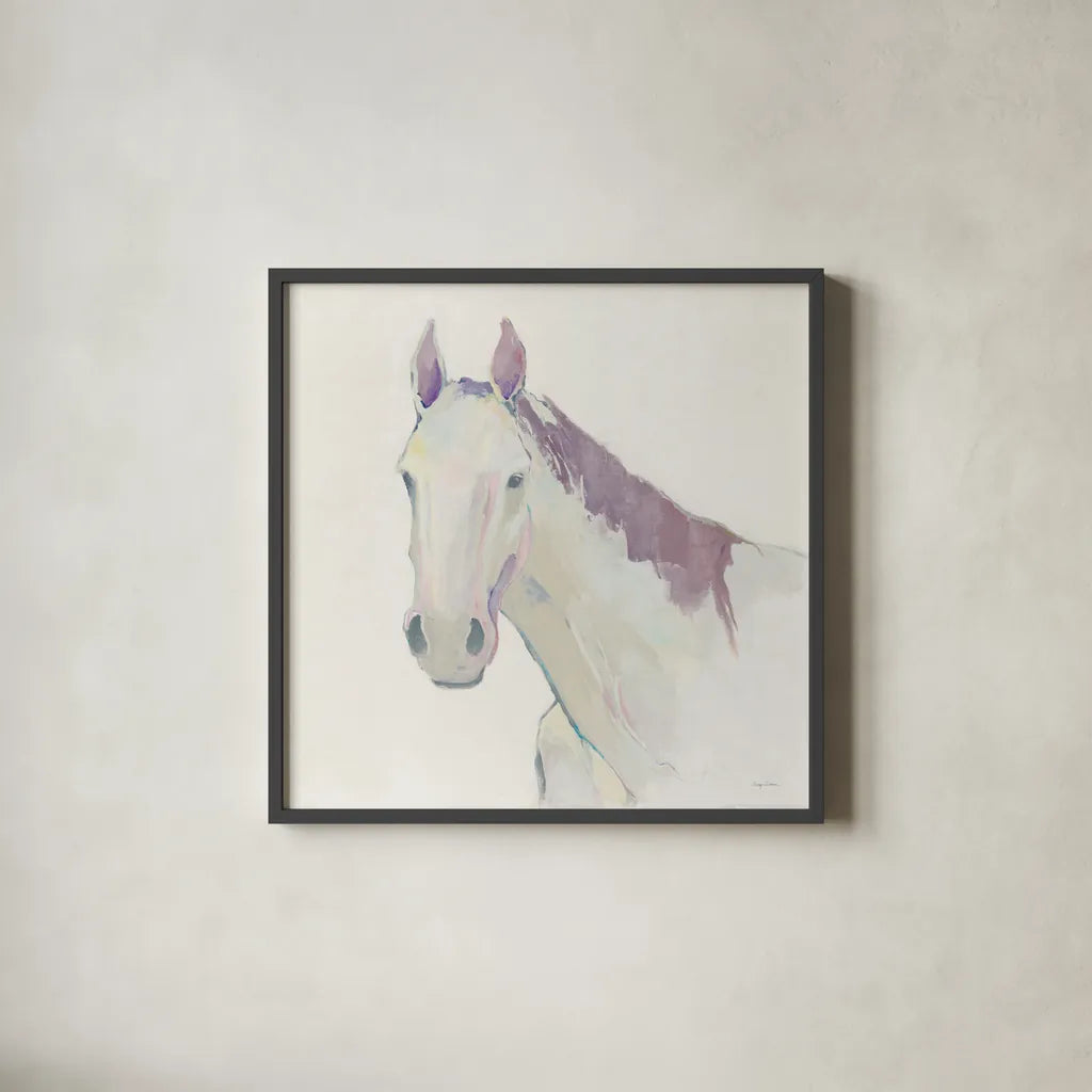 Horace Neutral Dark Mane by Avery Tillmon. Shown in a sleek black glass frame for a contemporary gallery look. Available as an archival giclee rolled canvas, fine art paper, or poster print. SKU 41264a.