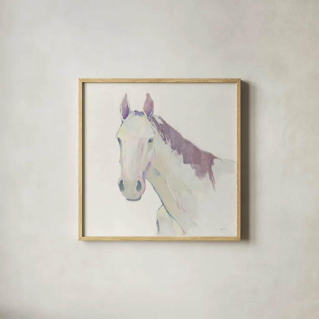 Horace Neutral Dark Mane by Avery Tillmon. Shown in a natural wood glass frame for a timeless modern aesthetic. Available as an archival giclee rolled canvas, fine art paper, or poster print. SKU 41264a.