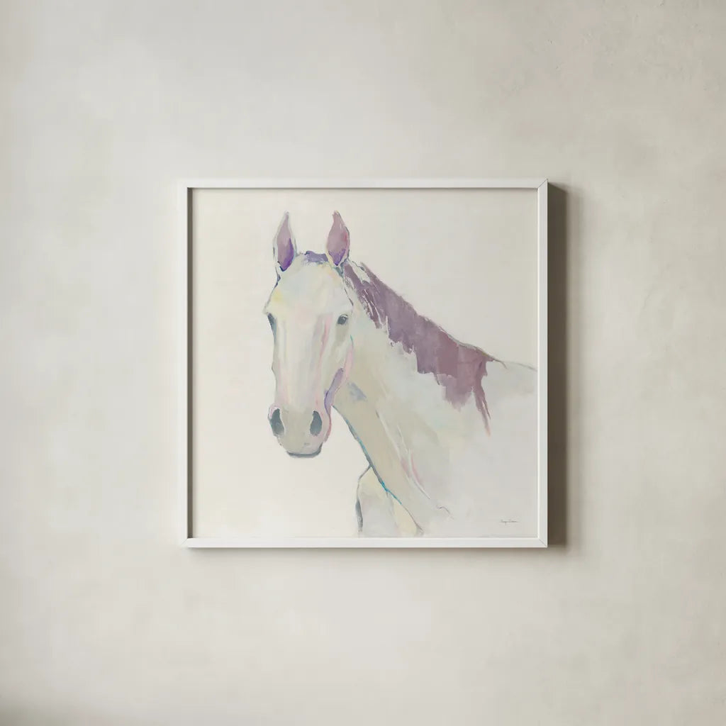 Horace Neutral Dark Mane by Avery Tillmon. Shown in a crisp white glass frame for a clean and minimalist style. Available as an archival giclee rolled canvas, fine art paper, or poster print. SKU 41264a.