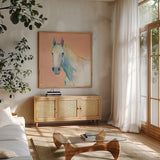 Horace on Pink by Avery Tillmon. Shown in a natural wood frame in a cozy modern living room. Available as an archival giclee rolled canvas, fine art paper, or poster print. SKU 69164a.