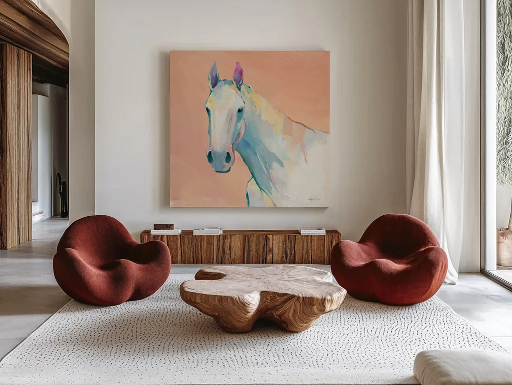 Horace on Pink by Avery Tillmon. Shown as extra-large giant wall art in a modern living room. Available as an archival giclee rolled canvas, fine art paper, or poster print. SKU 69164a.