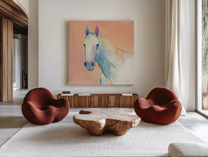 Horace on Pink by Avery Tillmon. Shown as extra-large giant wall art in a modern living room. Available as an archival giclee rolled canvas, fine art paper, or poster print. SKU 69164a.