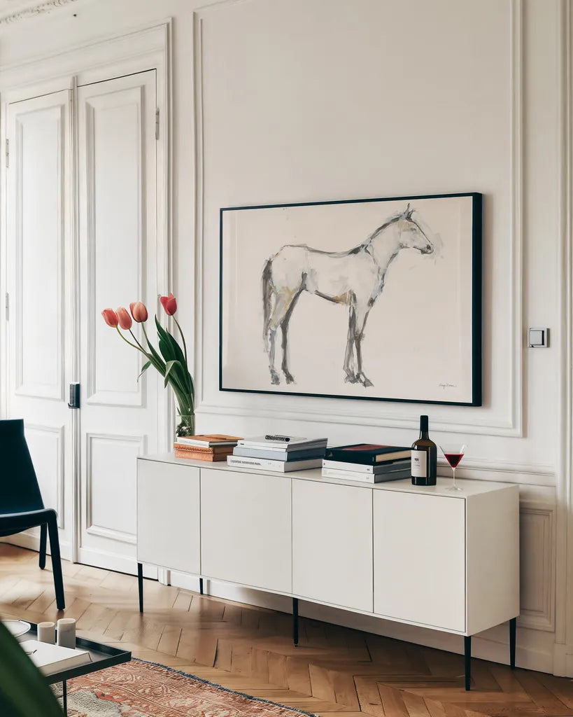 Horse Sketch III by Avery Tillmon. shown as a framed stretched canvas in a living room above a console. Available as a archival giclee rolled canvas, fine art paper, or poster print. SKU 60662i.