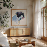 Jason Watercolor Pastel by Avery Tillmon. Shown in a natural wood frame in a cozy modern living room. Available as an archival giclee rolled canvas, fine art paper, or poster print. SKU 54618a.
