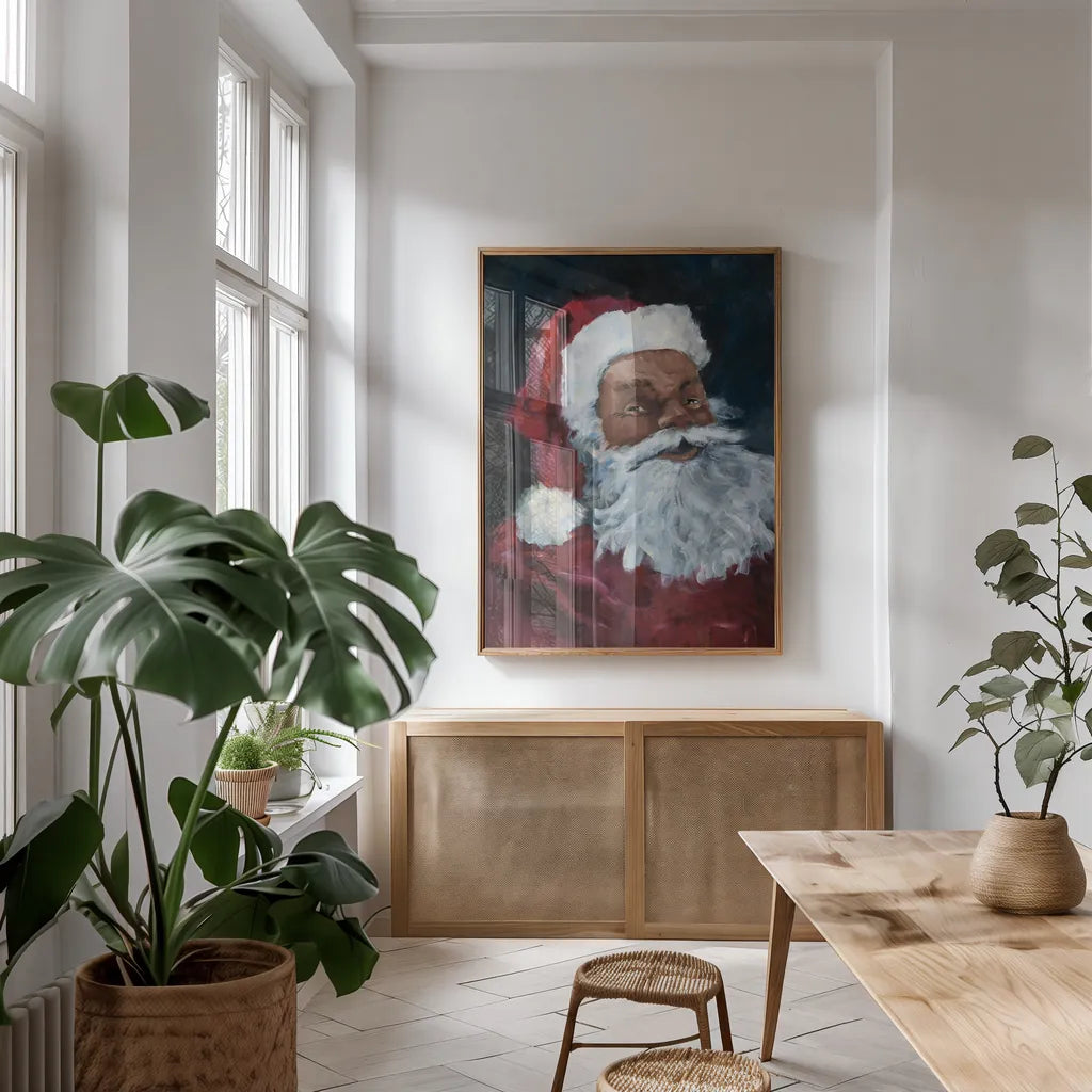 Jolly Santa II Crop by Avery Tillmon. shown as a print in a natural wood frame in a dining room. Available as a archival giclee rolled canvas, fine art paper, or poster print. SKU 66453h.