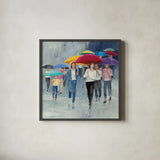 Just Walkin in the Rain by Avery Tillmon. Shown in a sleek black glass frame for a contemporary gallery look. Available as an archival giclee rolled canvas, fine art paper, or poster print. SKU 37605a.