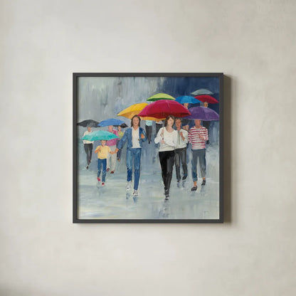 Just Walkin in the Rain by Avery Tillmon. Shown in a sleek black glass frame for a contemporary gallery look. Available as an archival giclee rolled canvas, fine art paper, or poster print. SKU 37605a.