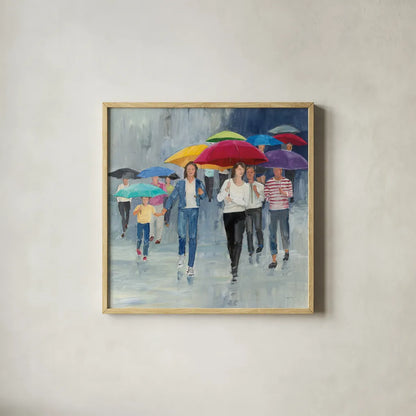 Just Walkin in the Rain by Avery Tillmon. Shown in a natural wood glass frame for a timeless modern aesthetic. Available as an archival giclee rolled canvas, fine art paper, or poster print. SKU 37605a.