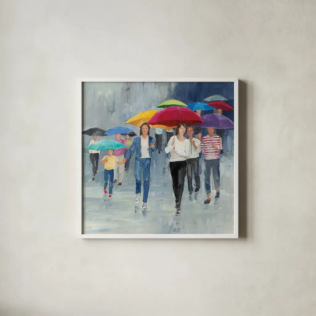 Just Walkin in the Rain by Avery Tillmon. Shown in a crisp white glass frame for a clean and minimalist style. Available as an archival giclee rolled canvas, fine art paper, or poster print. SKU 37605a.