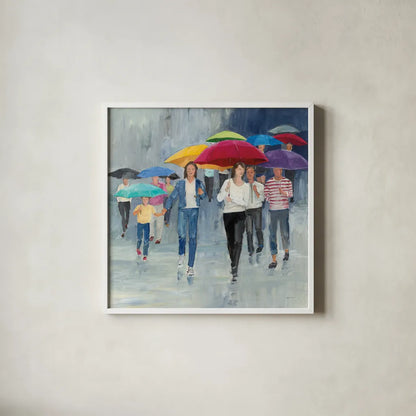 Just Walkin in the Rain by Avery Tillmon. Shown in a crisp white glass frame for a clean and minimalist style. Available as an archival giclee rolled canvas, fine art paper, or poster print. SKU 37605a.