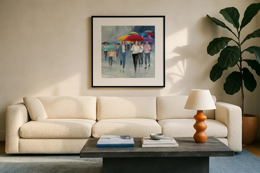 Just Walkin in the Rain by Avery Tillmon. Displayed in a glass frame with matte in a clean modern living room. Available as an archival giclee rolled canvas, fine art paper, or poster print. SKU 37605a.