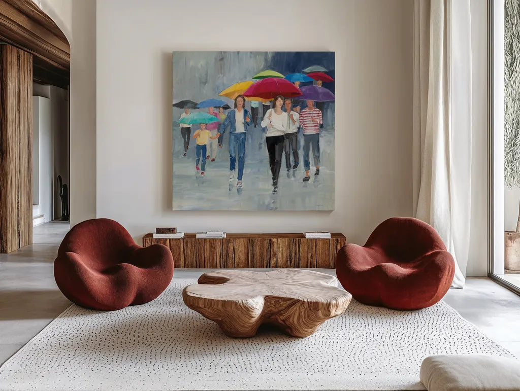 Just Walkin in the Rain by Avery Tillmon. Shown as extra-large giant wall art in a modern living room. Available as an archival giclee rolled canvas, fine art paper, or poster print. SKU 37605a.