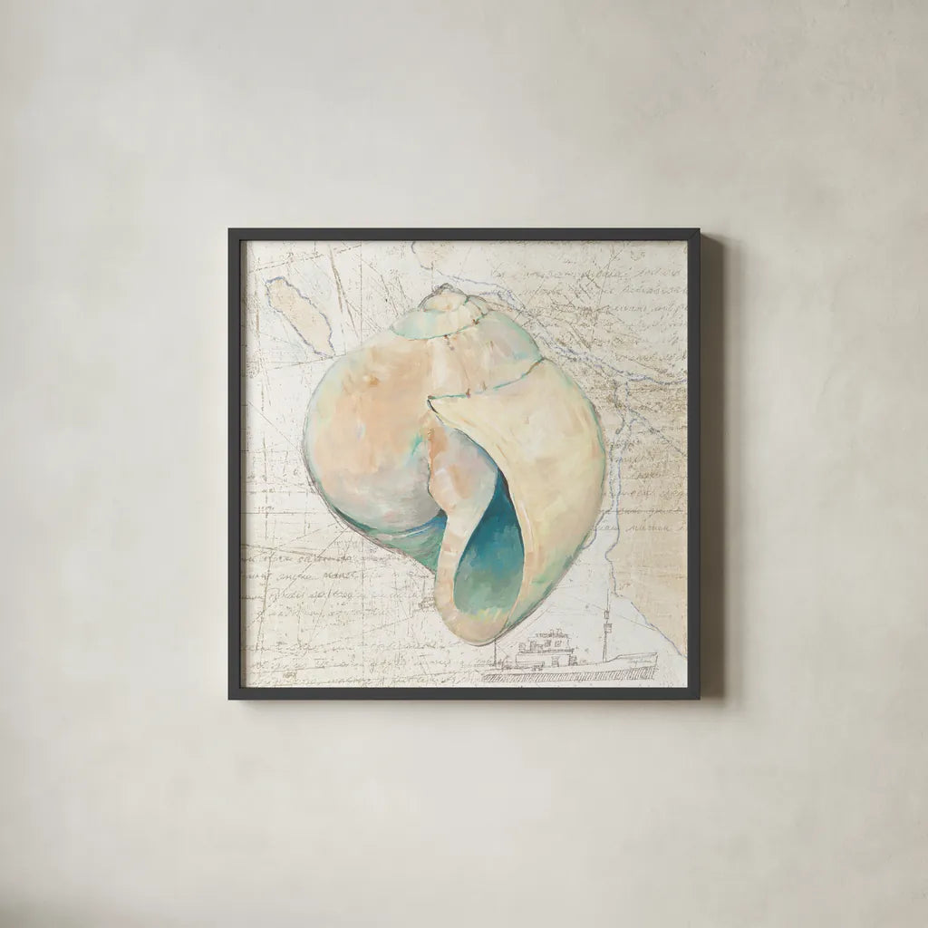 La Mer II Seashore Map by Avery Tillmon. Shown in a sleek black glass frame for a contemporary gallery look. Available as an archival giclee rolled canvas, fine art paper, or poster print. SKU 73102a.