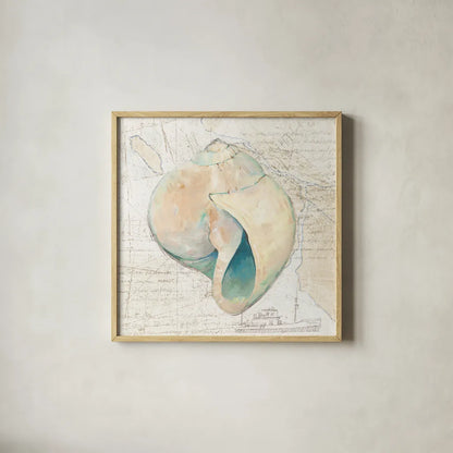 La Mer II Seashore Map by Avery Tillmon. Shown in a natural wood glass frame for a timeless modern aesthetic. Available as an archival giclee rolled canvas, fine art paper, or poster print. SKU 73102a.