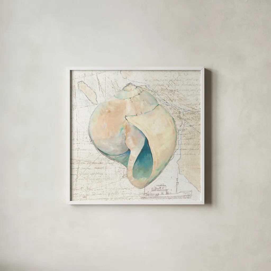 La Mer II Seashore Map by Avery Tillmon. Shown in a crisp white glass frame for a clean and minimalist style. Available as an archival giclee rolled canvas, fine art paper, or poster print. SKU 73102a.