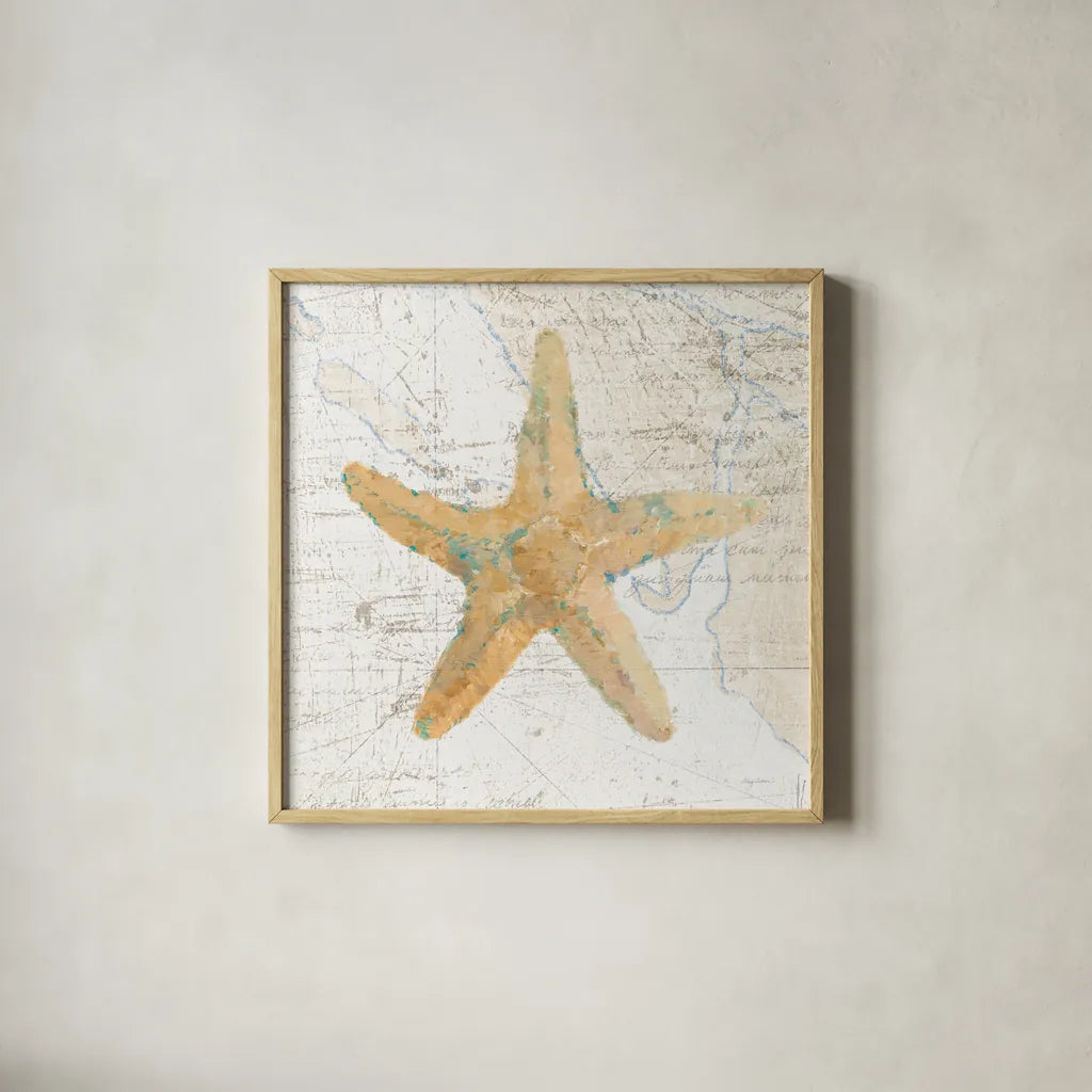 La Mer IV Beach Map by Avery Tillmon. Shown in a natural wood glass frame for a timeless modern aesthetic. Available as an archival giclee rolled canvas, fine art paper, or poster print. SKU 73104a.