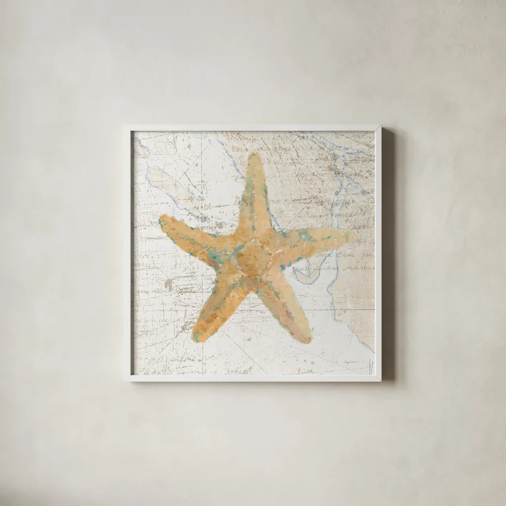 La Mer IV Beach Map by Avery Tillmon. Shown in a crisp white glass frame for a clean and minimalist style. Available as an archival giclee rolled canvas, fine art paper, or poster print. SKU 73104a.