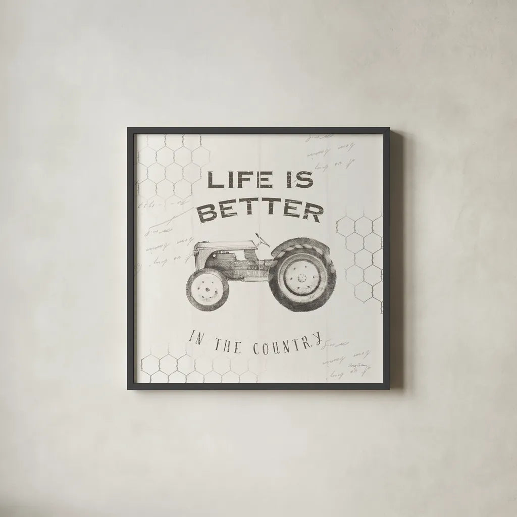 Life at Home II on Chicken Wire Background by Avery Tillmon. Shown in a sleek black glass frame for a contemporary gallery look. Available as an archival giclee rolled canvas, fine art paper, or poster print. SKU 54163a.