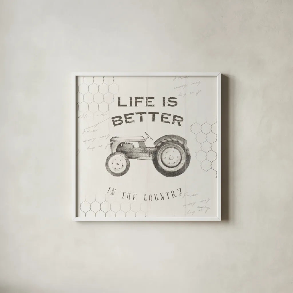 Life at Home II on Chicken Wire Background by Avery Tillmon. Shown in a crisp white glass frame for a clean and minimalist style. Available as an archival giclee rolled canvas, fine art paper, or poster print. SKU 54163a.