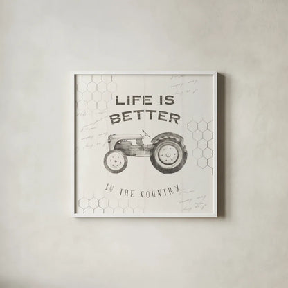 Life at Home II on Chicken Wire Background by Avery Tillmon. Shown in a crisp white glass frame for a clean and minimalist style. Available as an archival giclee rolled canvas, fine art paper, or poster print. SKU 54163a.