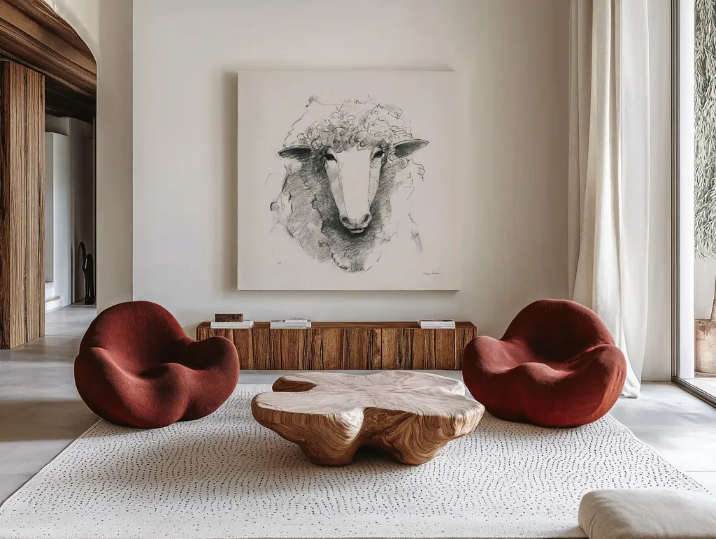 Life at Home VIII Vintage Cream by Avery Tillmon. Shown as extra-large giant wall art in a modern living room. Available as an archival giclee rolled canvas, fine art paper, or poster print. SKU 57431a.
