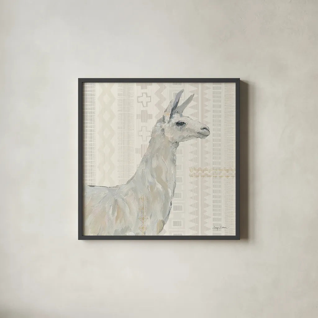 Llama Land II by Avery Tillmon. Shown in a sleek black glass frame for a contemporary gallery look. Available as an archival giclee rolled canvas, fine art paper, or poster print. SKU 42268a.