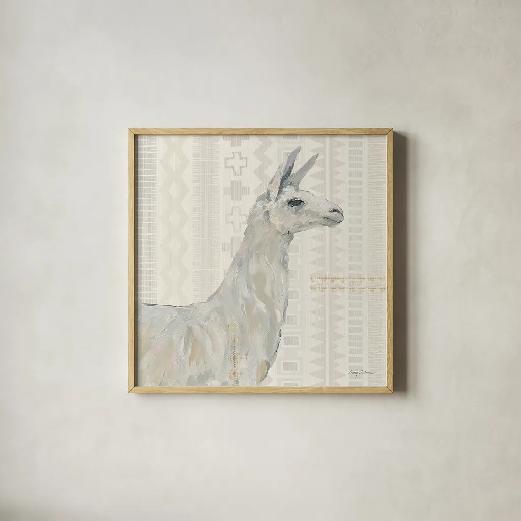 Llama Land II by Avery Tillmon. Shown in a natural wood glass frame for a timeless modern aesthetic. Available as an archival giclee rolled canvas, fine art paper, or poster print. SKU 42268a.
