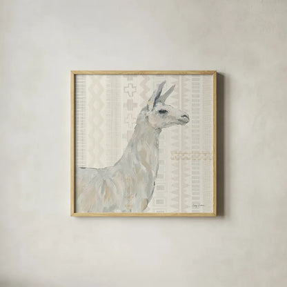 Llama Land II by Avery Tillmon. Shown in a natural wood glass frame for a timeless modern aesthetic. Available as an archival giclee rolled canvas, fine art paper, or poster print. SKU 42268a.