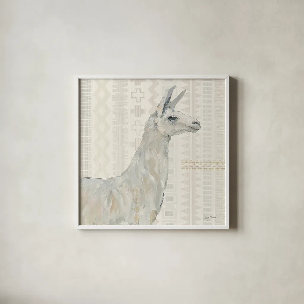 Llama Land II by Avery Tillmon. Shown in a crisp white glass frame for a clean and minimalist style. Available as an archival giclee rolled canvas, fine art paper, or poster print. SKU 42268a.
