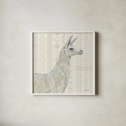 Llama Land II by Avery Tillmon. Shown in a crisp white glass frame for a clean and minimalist style. Available as an archival giclee rolled canvas, fine art paper, or poster print. SKU 42268a.