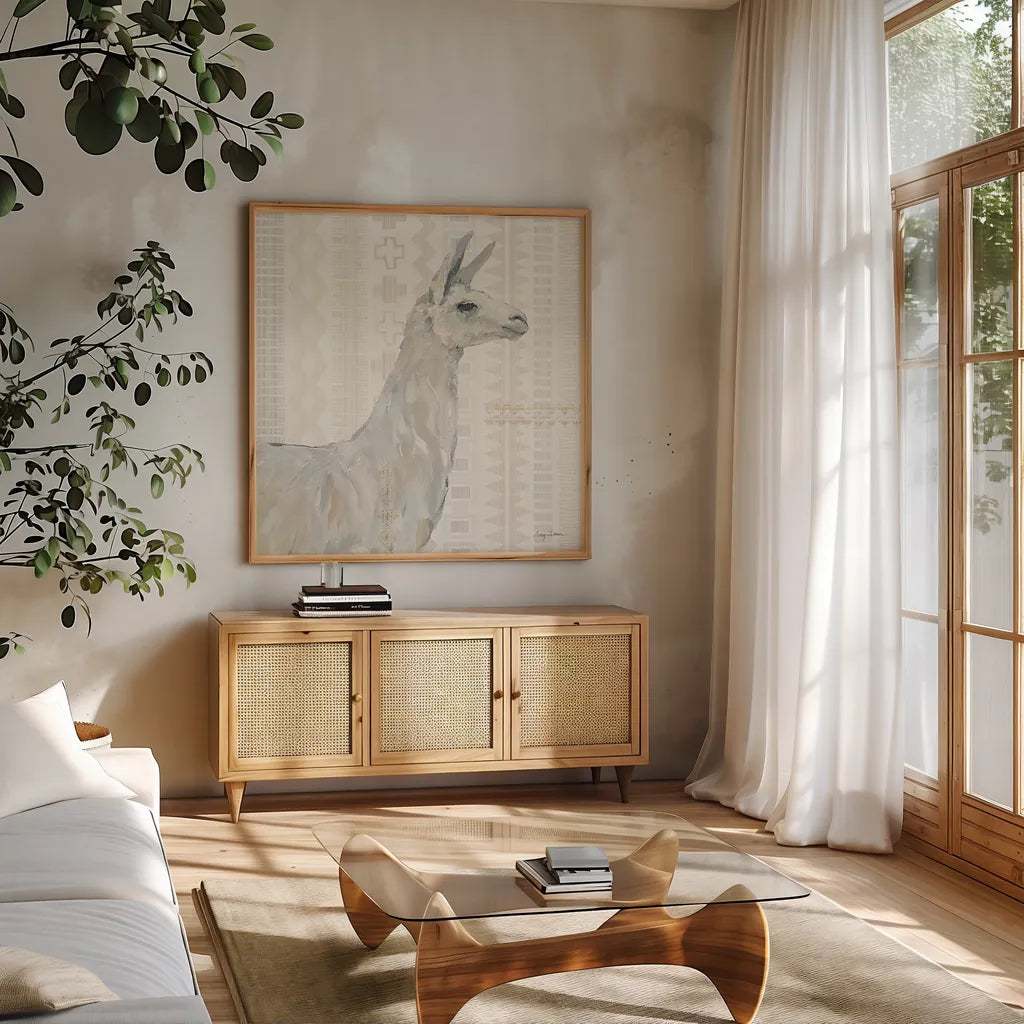 Llama Land II by Avery Tillmon. Shown in a natural wood frame in a cozy modern living room. Available as an archival giclee rolled canvas, fine art paper, or poster print. SKU 42268a.