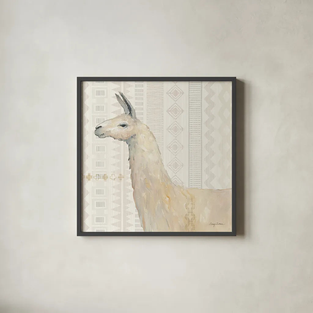 Llama Land III by Avery Tillmon. Shown in a sleek black glass frame for a contemporary gallery look. Available as an archival giclee rolled canvas, fine art paper, or poster print. SKU 42269a.