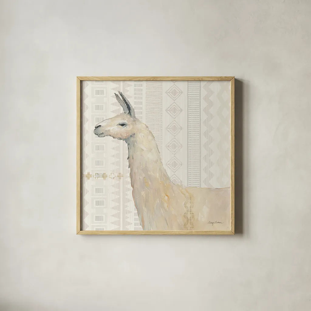 Llama Land III by Avery Tillmon. Shown in a natural wood glass frame for a timeless modern aesthetic. Available as an archival giclee rolled canvas, fine art paper, or poster print. SKU 42269a.