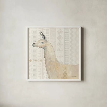 Llama Land III by Avery Tillmon. Shown in a crisp white glass frame for a clean and minimalist style. Available as an archival giclee rolled canvas, fine art paper, or poster print. SKU 42269a.