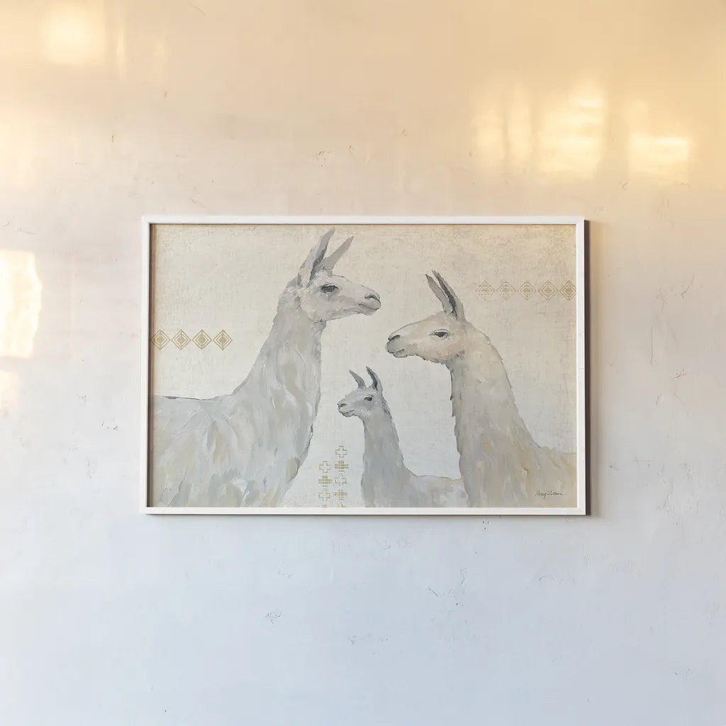 Llama Land IV by Avery Tillmon. shown as a paper print in a white frame. Available as a archival giclee rolled canvas, fine art paper, or poster print. SKU 42270i.