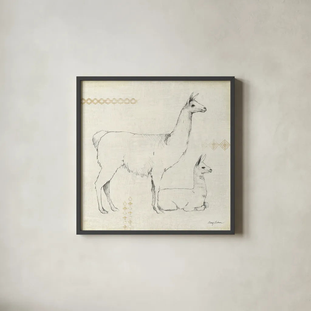 Llama Land IX by Avery Tillmon. Shown in a sleek black glass frame for a contemporary gallery look. Available as an archival giclee rolled canvas, fine art paper, or poster print. SKU 42275a.