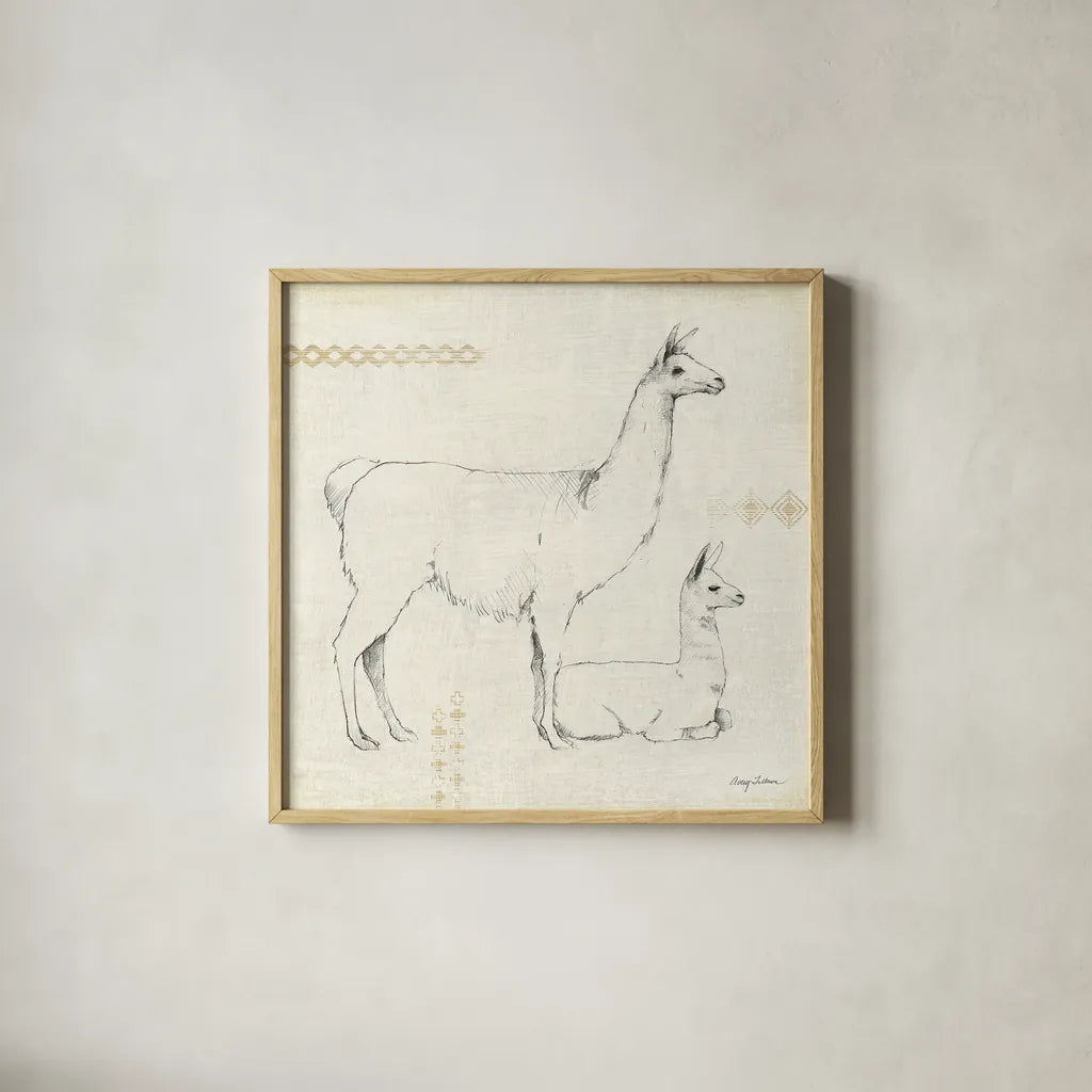 Llama Land IX by Avery Tillmon. Shown in a natural wood glass frame for a timeless modern aesthetic. Available as an archival giclee rolled canvas, fine art paper, or poster print. SKU 42275a.