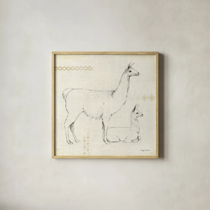Llama Land IX by Avery Tillmon. Shown in a natural wood glass frame for a timeless modern aesthetic. Available as an archival giclee rolled canvas, fine art paper, or poster print. SKU 42275a.