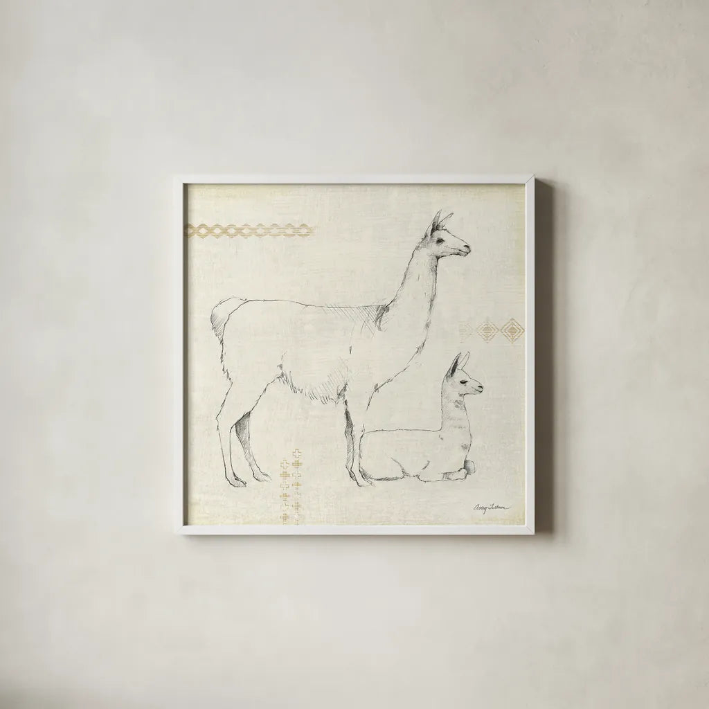 Llama Land IX by Avery Tillmon. Shown in a crisp white glass frame for a clean and minimalist style. Available as an archival giclee rolled canvas, fine art paper, or poster print. SKU 42275a.