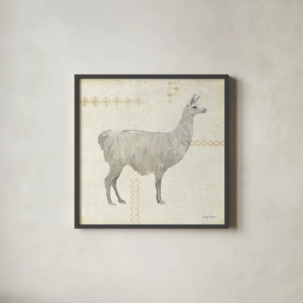 Llama Land V by Avery Tillmon. Shown in a sleek black glass frame for a contemporary gallery look. Available as an archival giclee rolled canvas, fine art paper, or poster print. SKU 42271a.