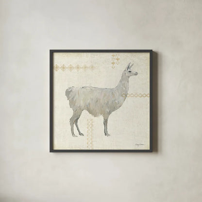 Llama Land V by Avery Tillmon. Shown in a sleek black glass frame for a contemporary gallery look. Available as an archival giclee rolled canvas, fine art paper, or poster print. SKU 42271a.