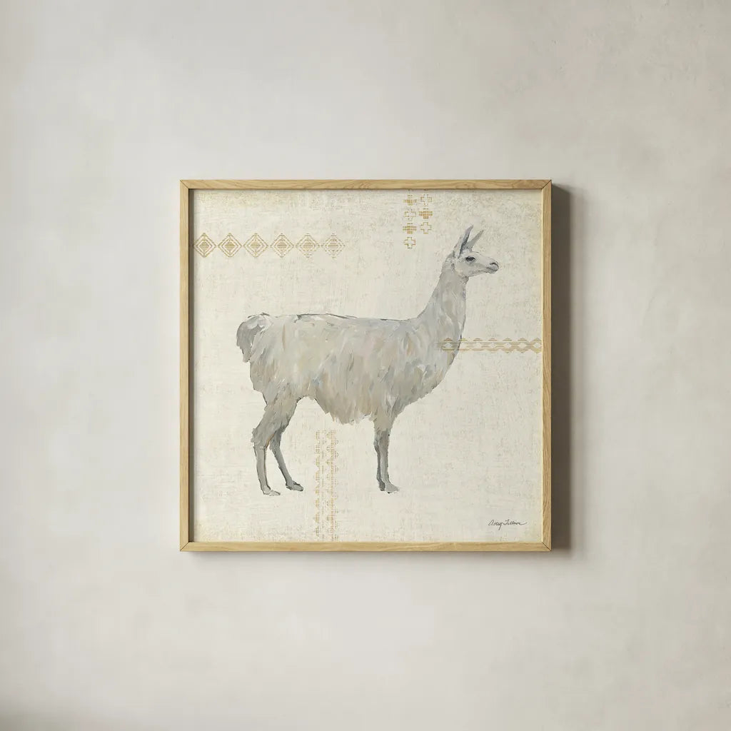 Llama Land V by Avery Tillmon. Shown in a natural wood glass frame for a timeless modern aesthetic. Available as an archival giclee rolled canvas, fine art paper, or poster print. SKU 42271a.