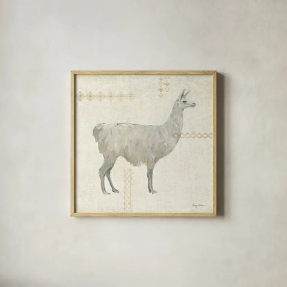 Llama Land V by Avery Tillmon. Shown in a natural wood glass frame for a timeless modern aesthetic. Available as an archival giclee rolled canvas, fine art paper, or poster print. SKU 42271a.