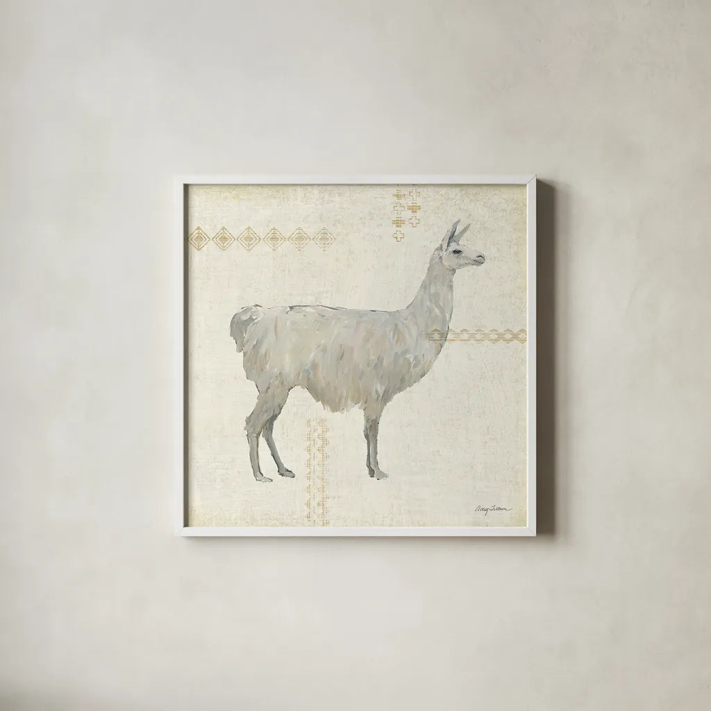 Llama Land V by Avery Tillmon. Shown in a crisp white glass frame for a clean and minimalist style. Available as an archival giclee rolled canvas, fine art paper, or poster print. SKU 42271a.