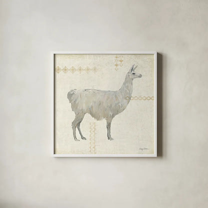 Llama Land V by Avery Tillmon. Shown in a crisp white glass frame for a clean and minimalist style. Available as an archival giclee rolled canvas, fine art paper, or poster print. SKU 42271a.