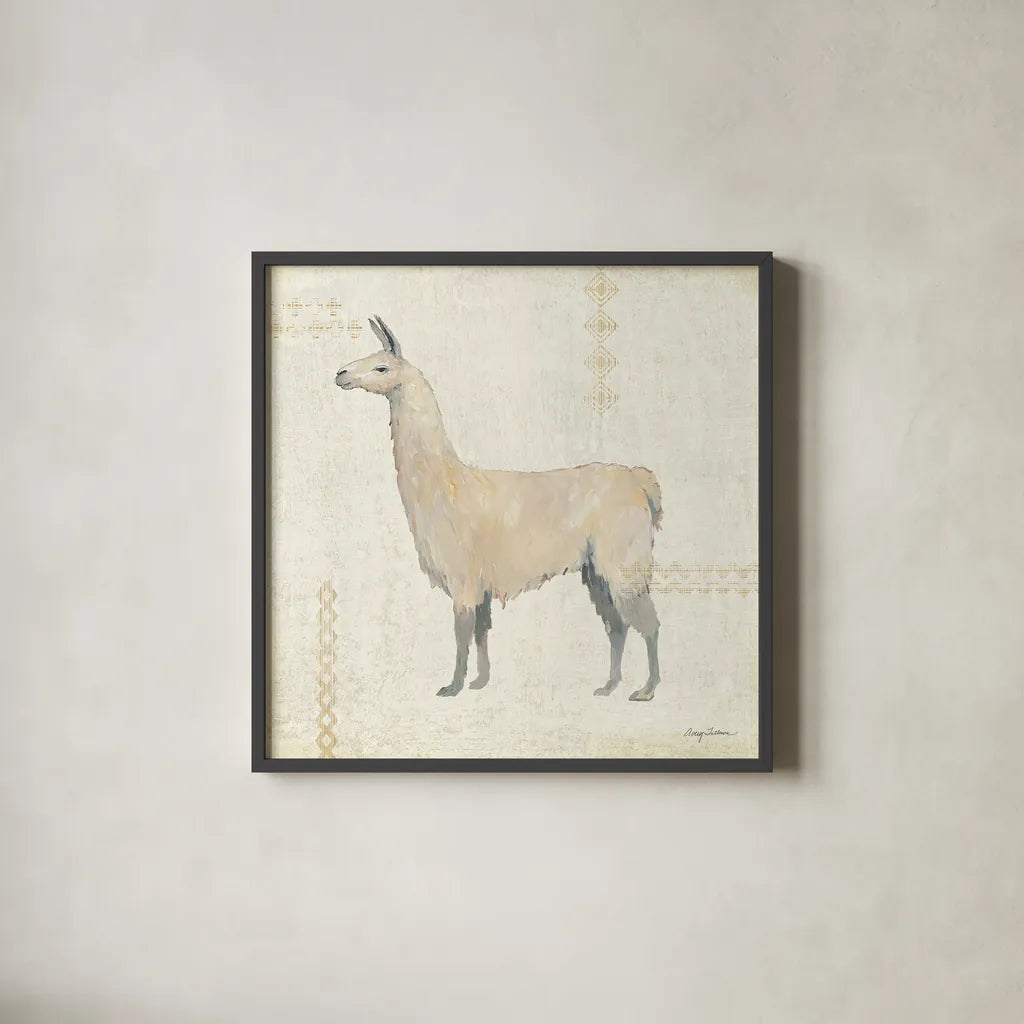 Llama Land VI by Avery Tillmon. Shown in a sleek black glass frame for a contemporary gallery look. Available as an archival giclee rolled canvas, fine art paper, or poster print. SKU 42272a.