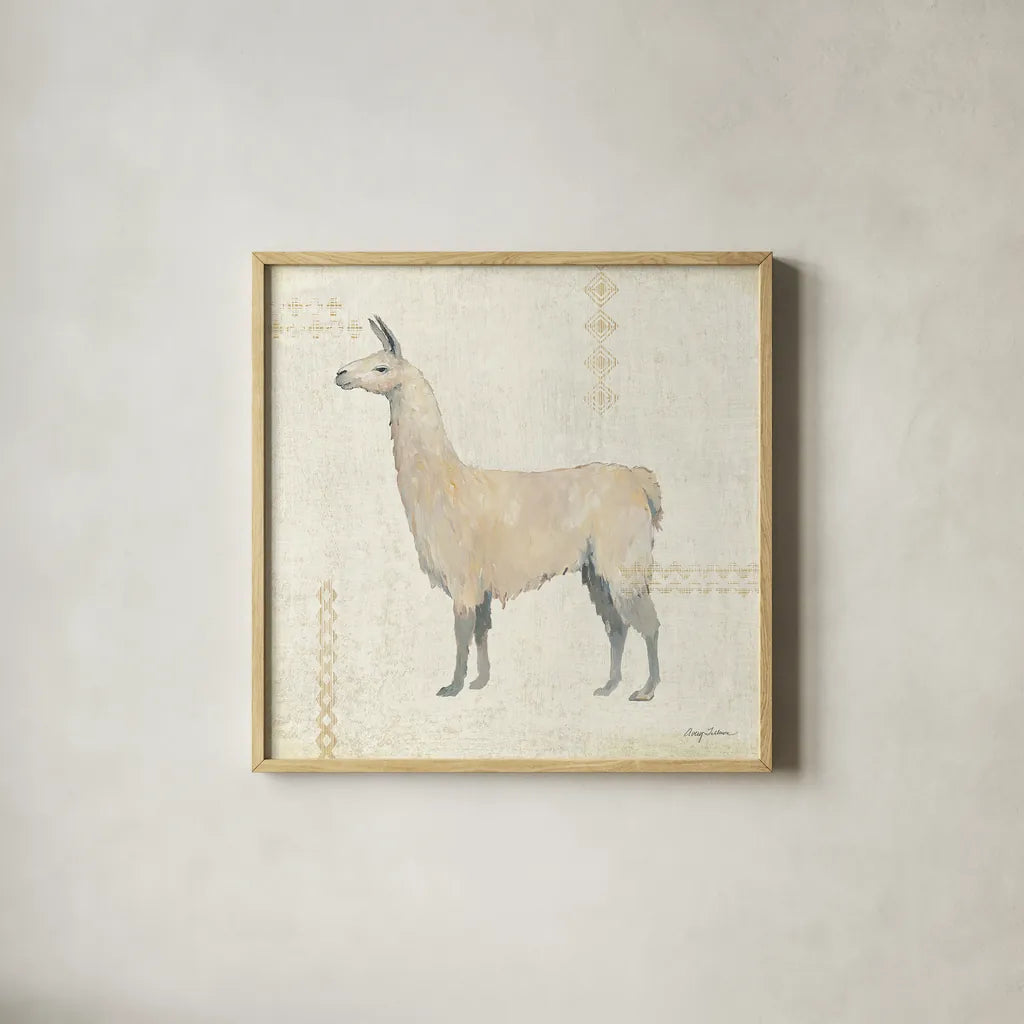 Llama Land VI by Avery Tillmon. Shown in a natural wood glass frame for a timeless modern aesthetic. Available as an archival giclee rolled canvas, fine art paper, or poster print. SKU 42272a.